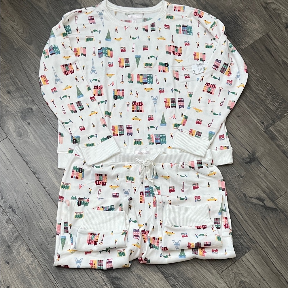 Lauren Conrad White Pajama Set with Colorful City Print
